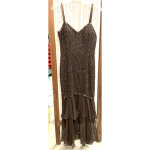 Spaghetti Strap Brown Silk Chiffon Beaded Dress by AJ Bari hei8079